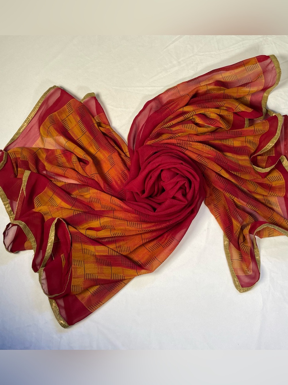 Vibrant Chiffon Print Scarf – Semi-Sheer Red & Orange Boho Shawl with Gold Trim